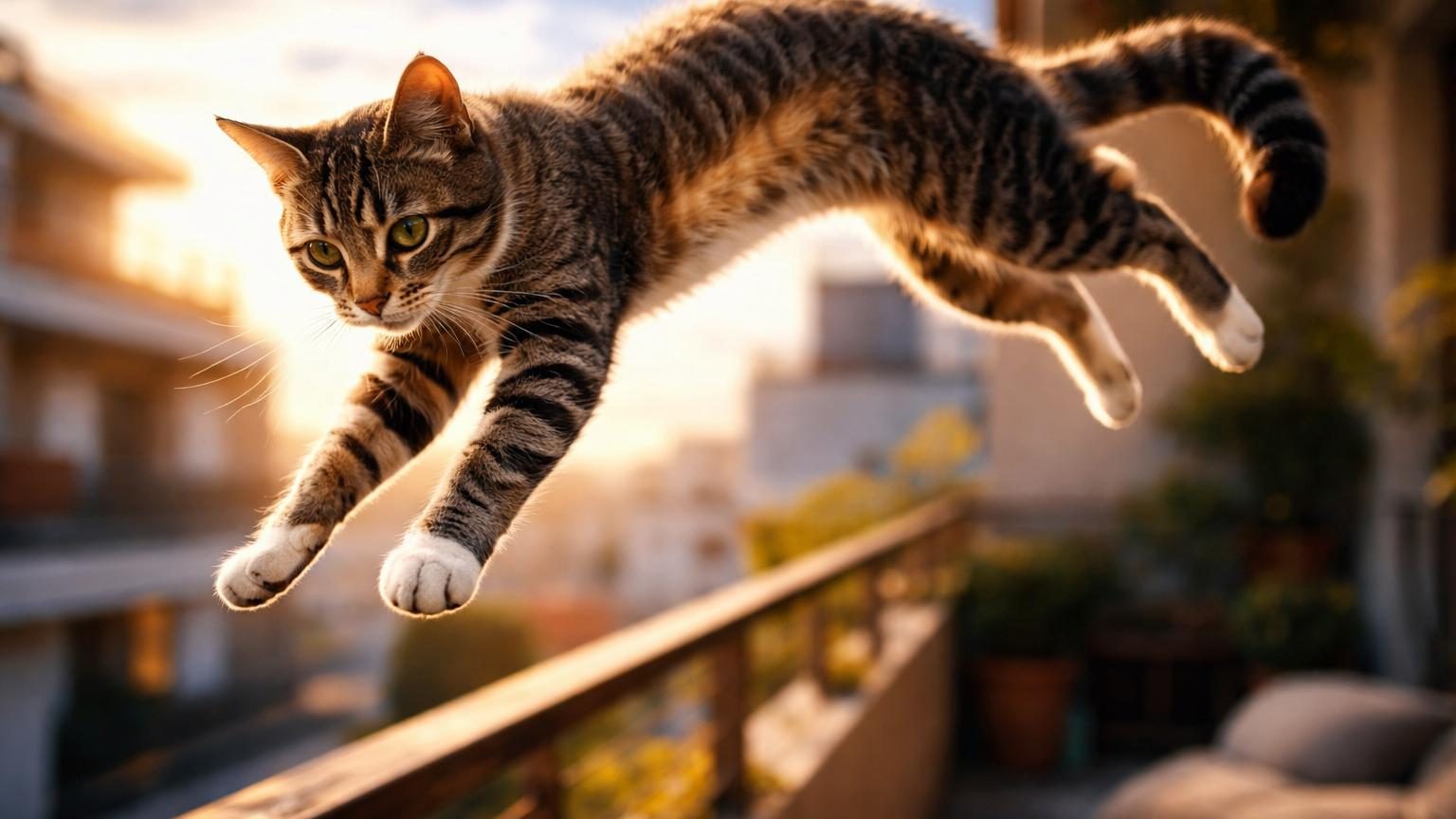 Un chat en chute libre effectuant une rotation acrobatique dans l'air, démontrant le réflexe de redressement, avec des flèches indiquant la flexibilité de la colonne vertébrale.