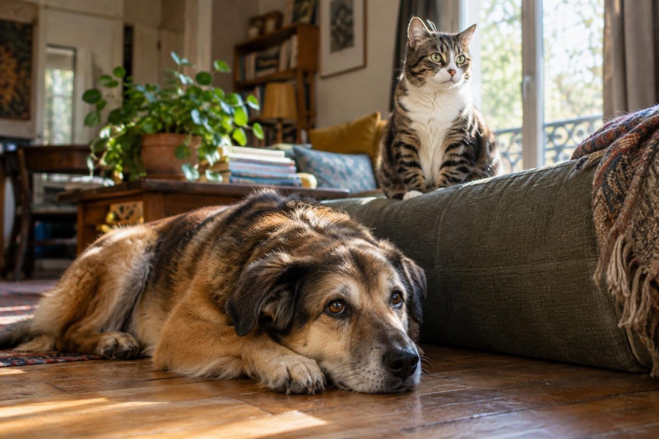 Comparaison visuelle d'un chat domestique de taille moyenne et d'un grand chien de race géante pour illustrer les différences morphologiques et leurs impacts sur la longévité