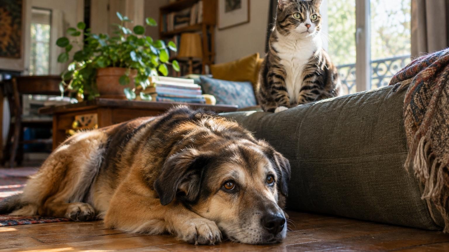 Comparaison visuelle d'un chat domestique de taille moyenne et d'un grand chien de race géante pour illustrer les différences morphologiques et leurs impacts sur la longévité