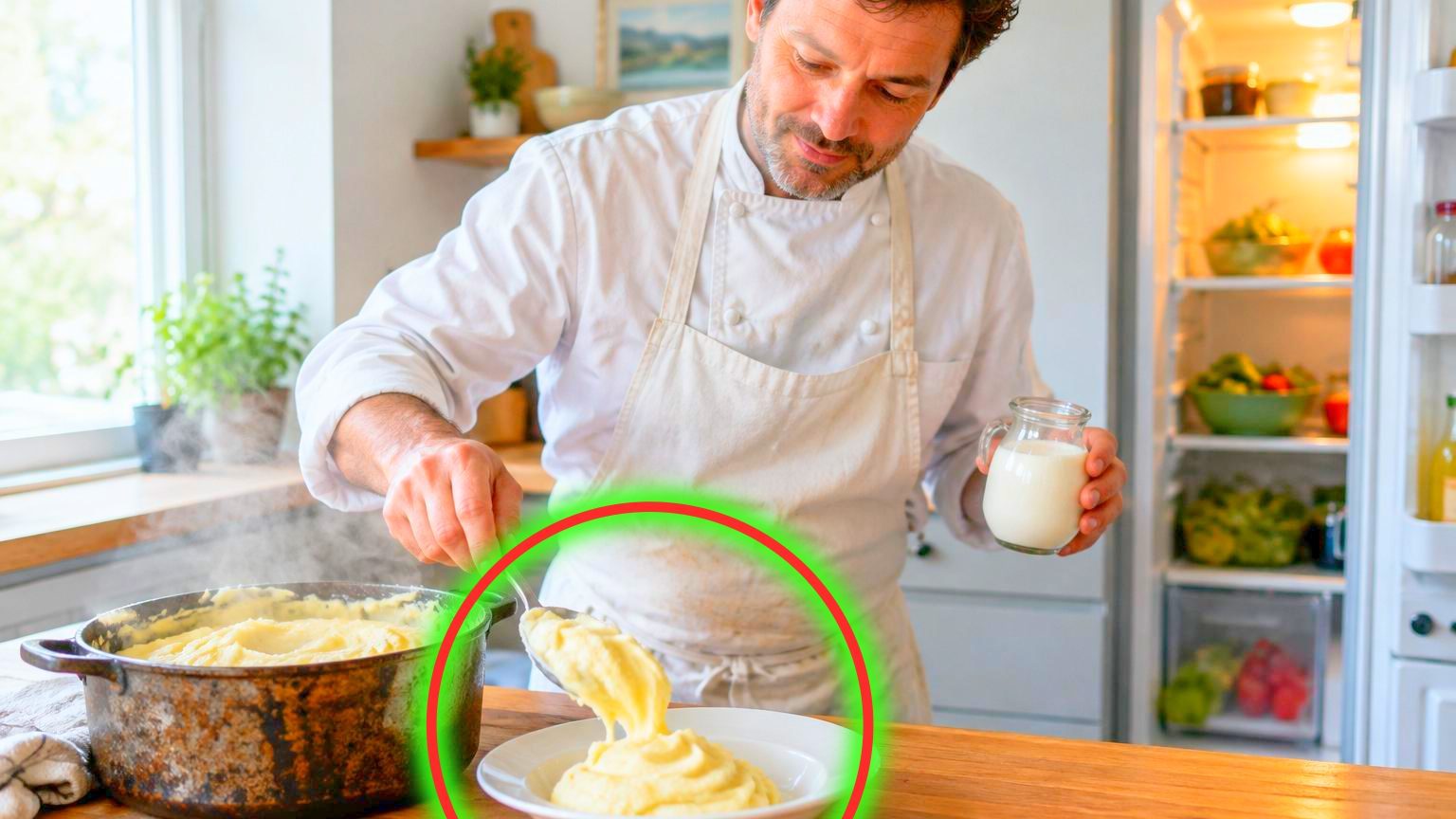 Une casserole de purée dorée et brillante à côté d'un pot de crème fraîche blanche, avec des pommes de terre crues en arrière-plan et un ustensile de cuisine en bois.