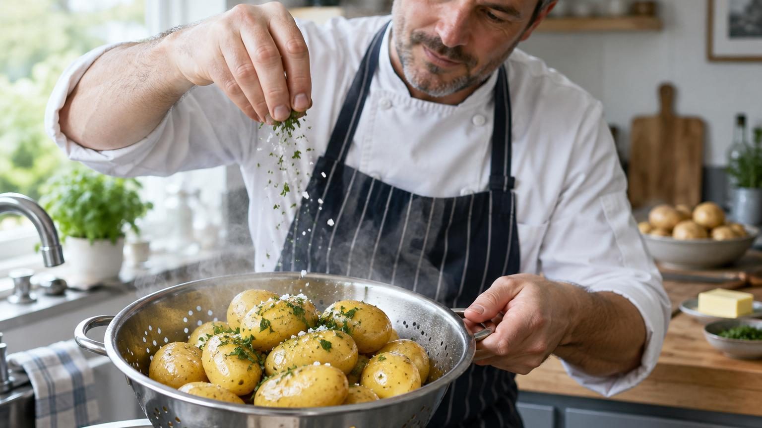 Trois pommes de terre bouillies dorées et fermes, entières avec peau brillante, servies dans une assiette blanche