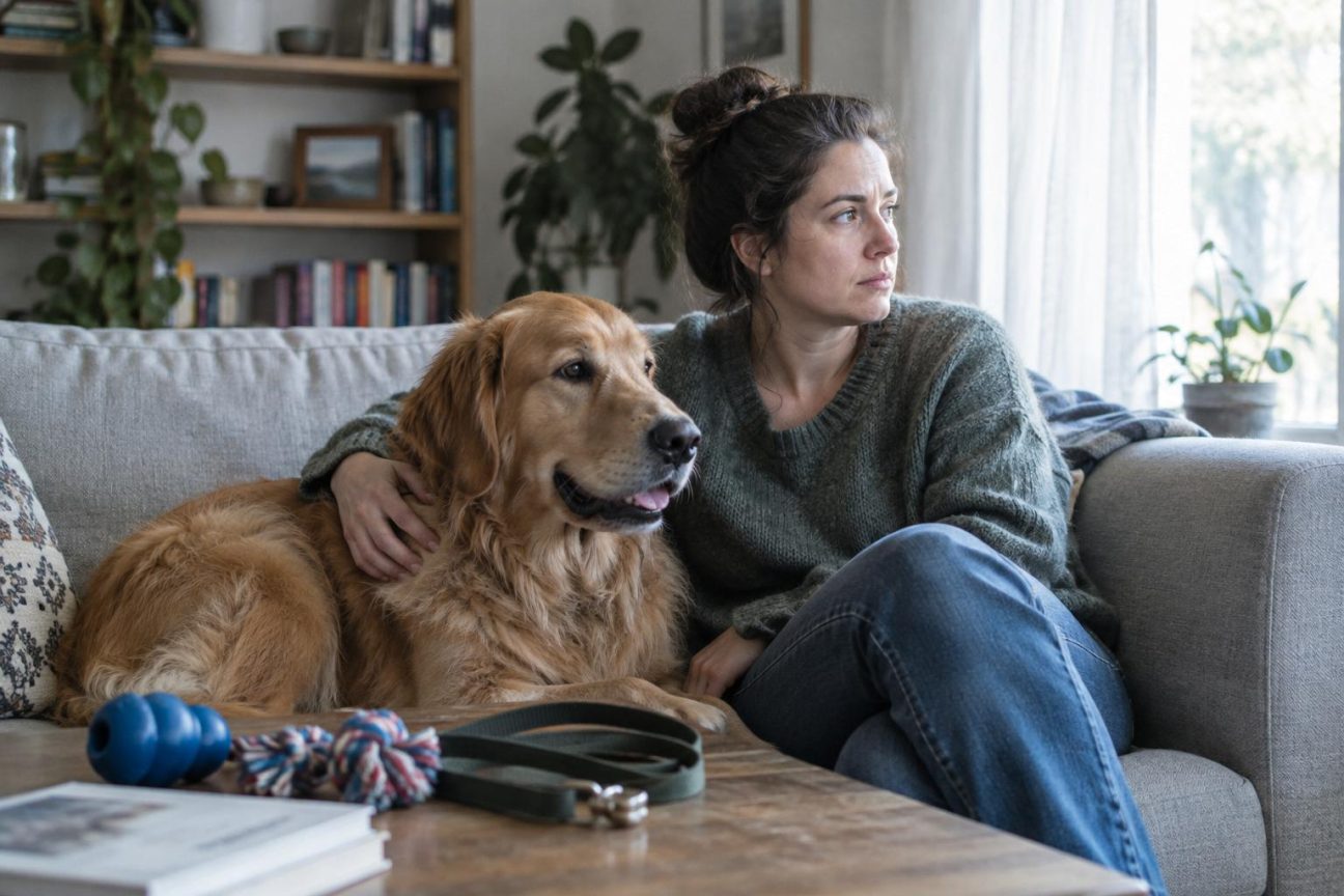Un chien roux et blanc joue joyeusement aux côtés d'une personne assise dans un canapé, symbolisant la compagnie animale pendant le confinement.