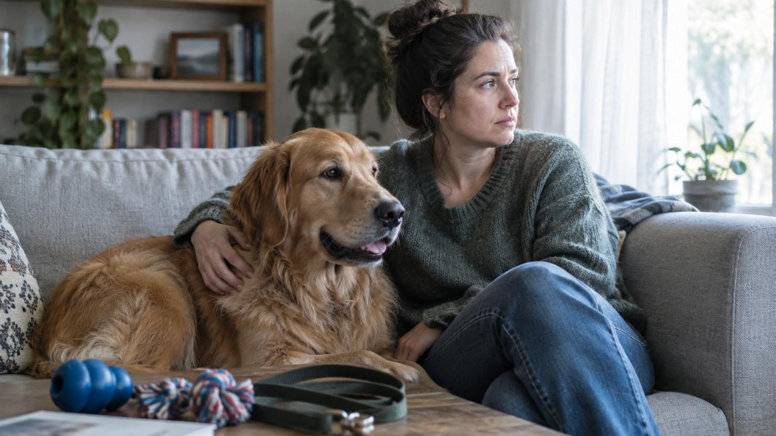 Un chien roux et blanc joue joyeusement aux côtés d'une personne assise dans un canapé, symbolisant la compagnie animale pendant le confinement.