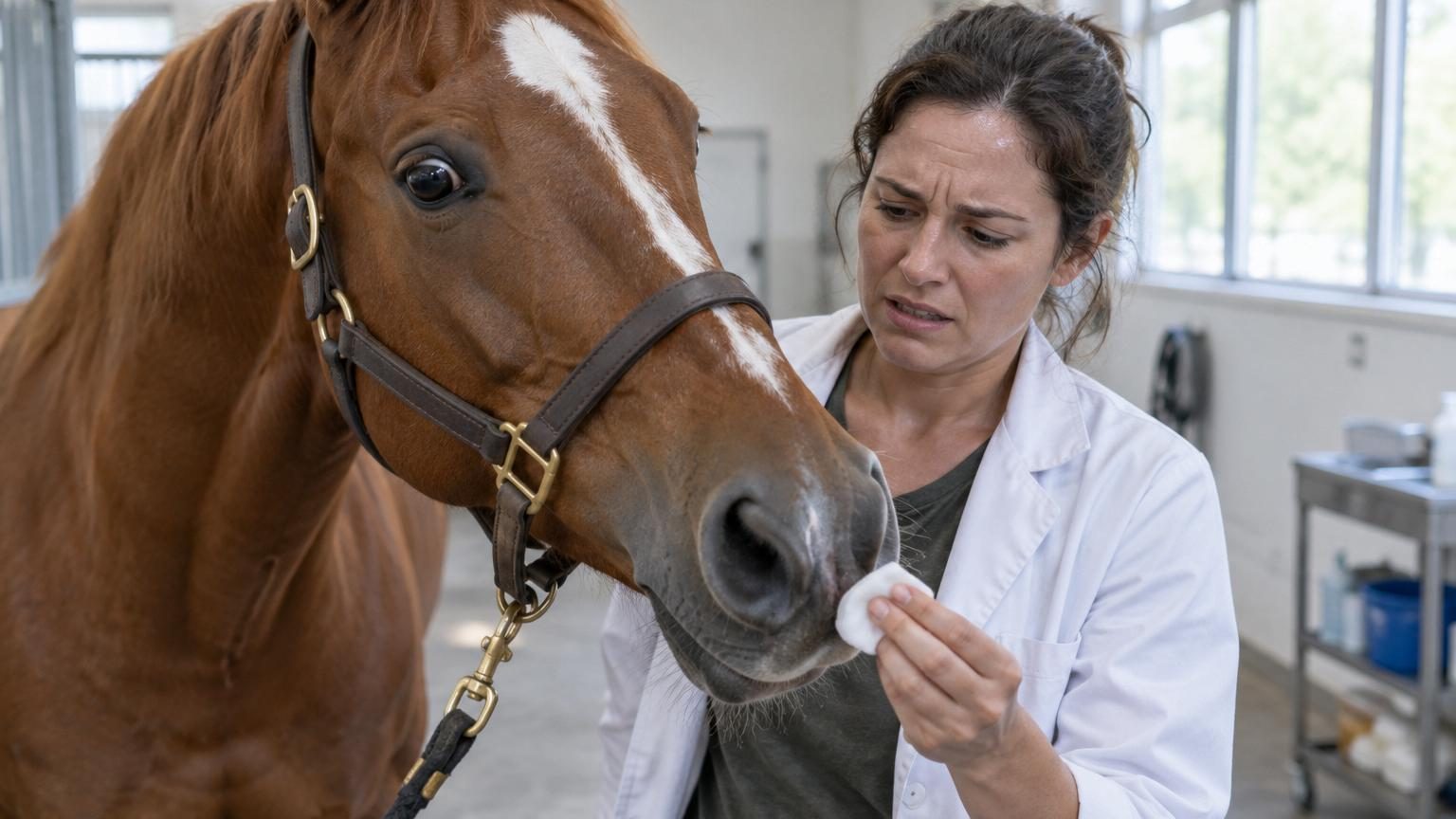 Cheval observant attentivement un tampon de coton ou un dispositif odorant près de ses naseaux lors d'une expérience scientifique de comportement animal.