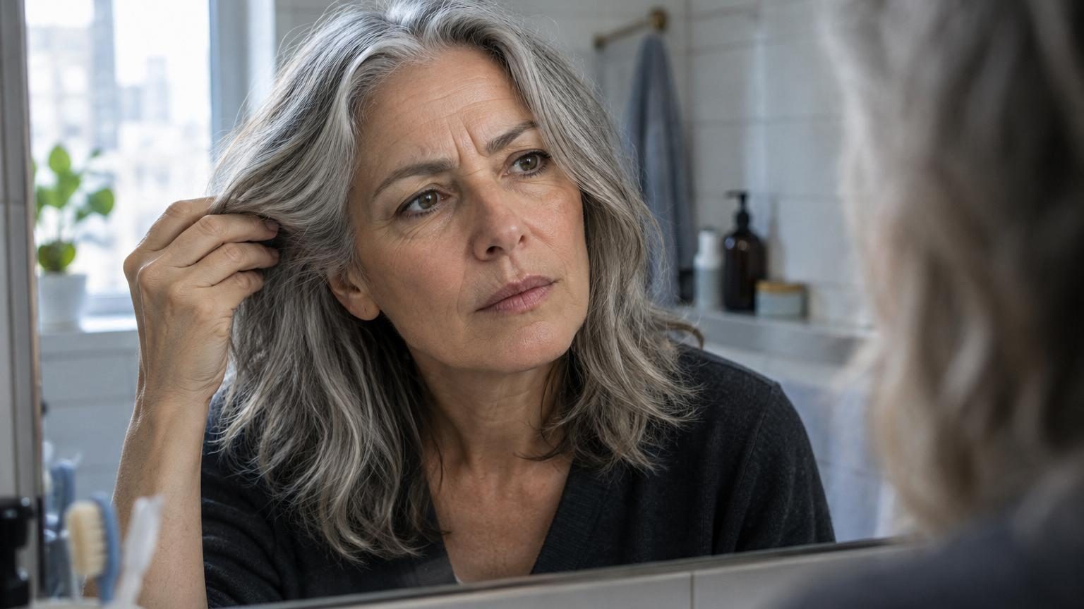 Profil d'une femme avec cheveux gris encadrant son visage, mettant en évidence les rides du front et autour des yeux.