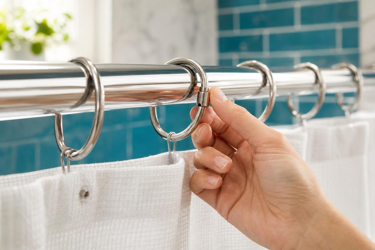 Gros plan sur des anneaux de rideau de douche avec crochets latéraux fermés, enfilés sur une tringle métallique, avec du rideau translucide en arrière-plan.