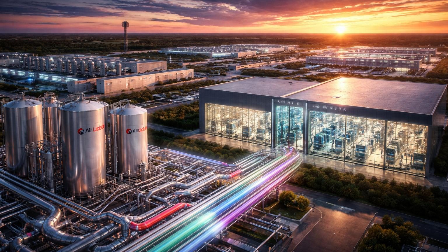 Centre de données ou usine de semiconducteurs avec équipements technologiques, représentant l'infrastructure critique et moderne de la fabrication de puces pour l'intelligence artificielle.