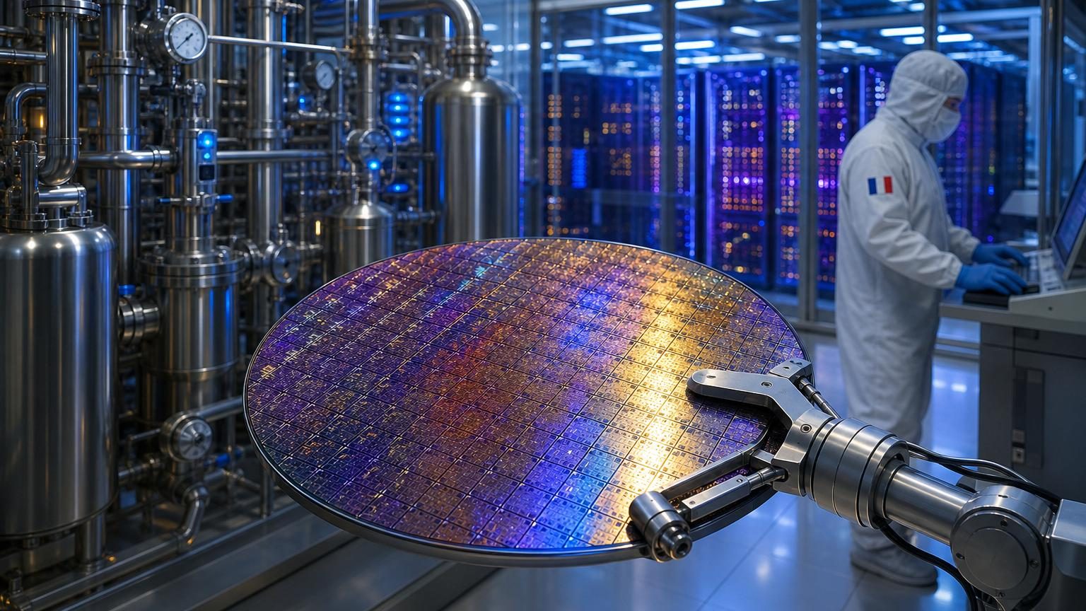 Rangées de serveurs dans un data center illuminé par une lumière froide, symbolisant l'infrastructure cachée derrière l'intelligence artificielle et ses dépendances en gaz ultra-purs.