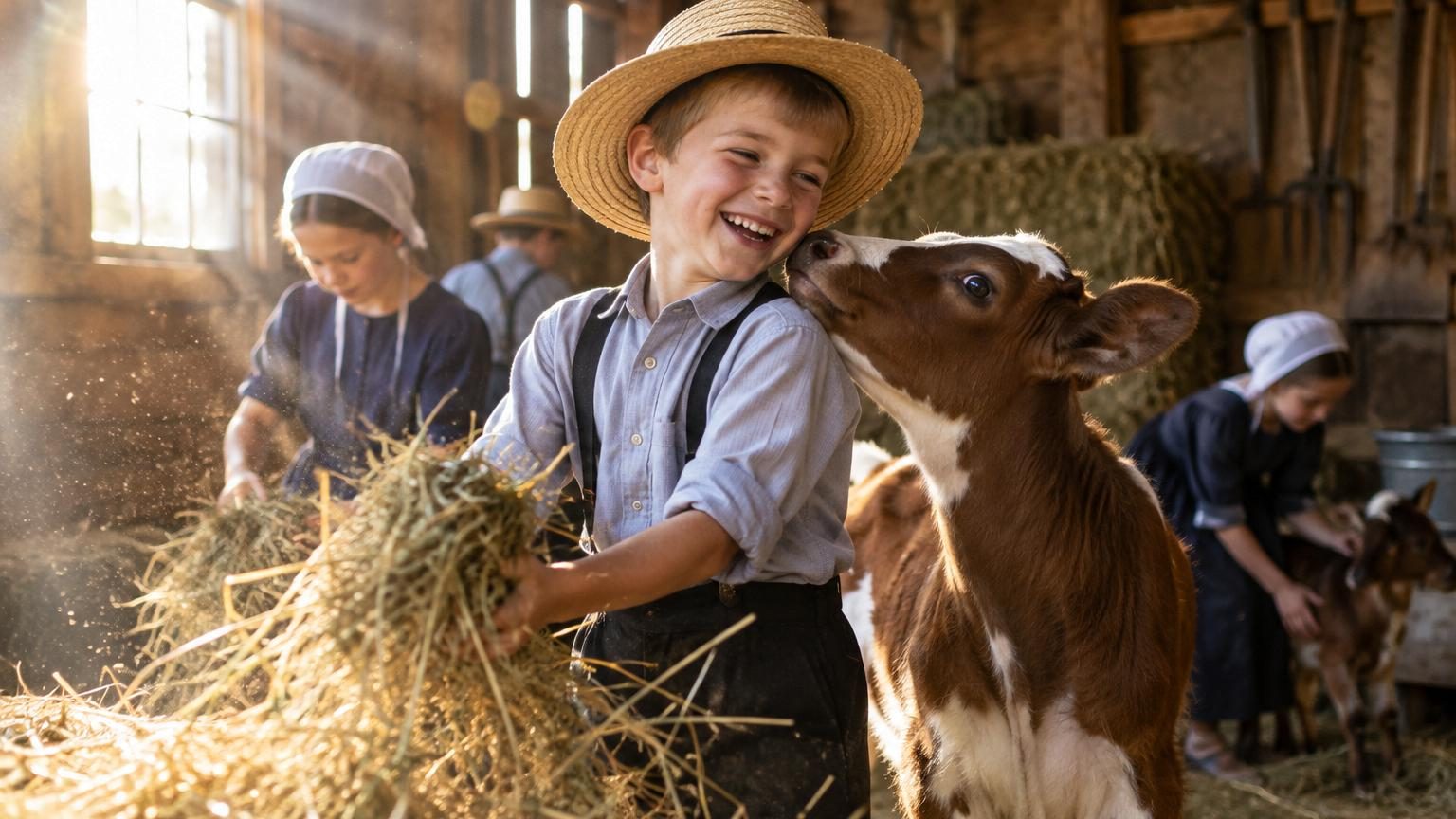 Intérieur d'une étable amish avec une vache et de la poussière dorée flottant dans les rayons lumineux, symbolisant la source naturelle des microbes protecteurs contre les allergies.