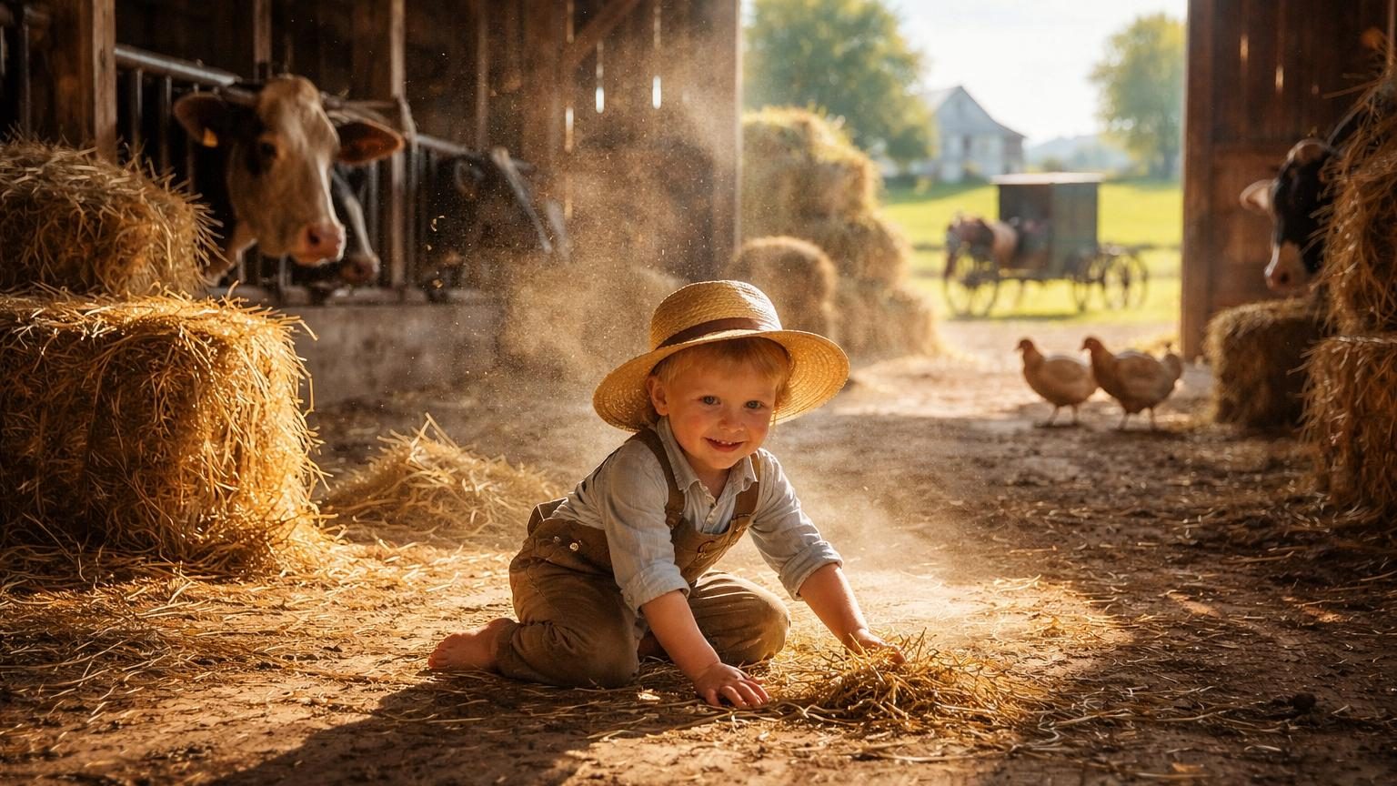 Enfants jouant dans une grange entre le foin et les animaux, environnement rural traditionnel amish.