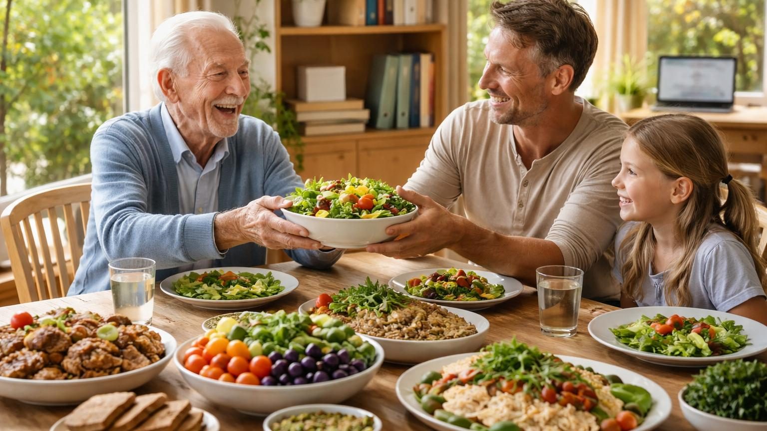 Table avec assiette colorée contenant du poisson grillé, légumes verts et fruits frais, symbolisant l'alimentation saine des enfants de centenaires.