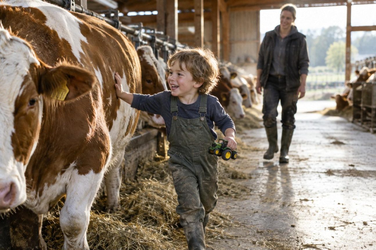 Enfants jouant dans une étable à vaches parmi les animaux et la paille, baignés dans la poussière fine contenant les bactéries protectrices