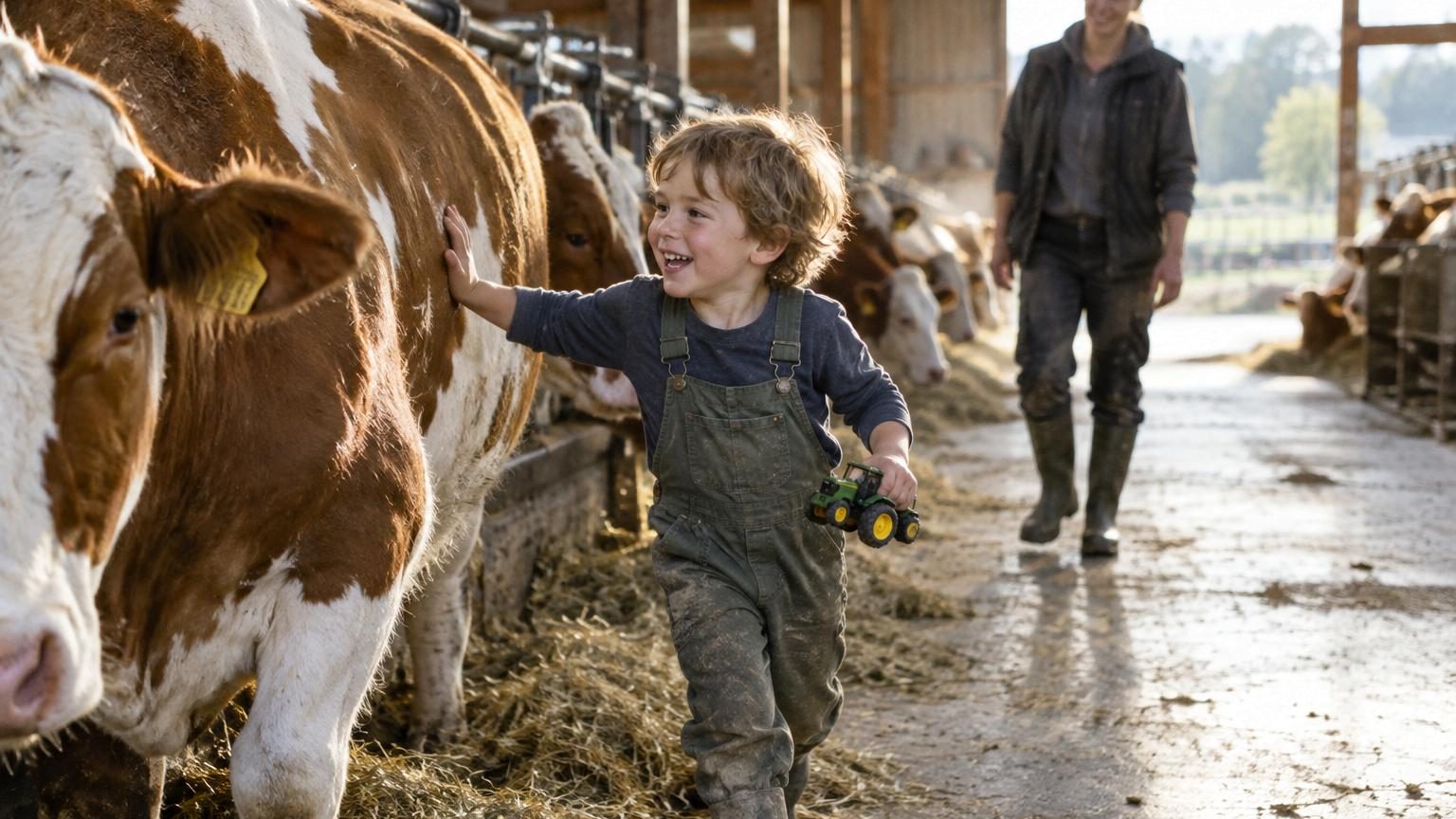 Enfants jouant dans une étable à vaches parmi les animaux et la paille, baignés dans la poussière fine contenant les bactéries protectrices