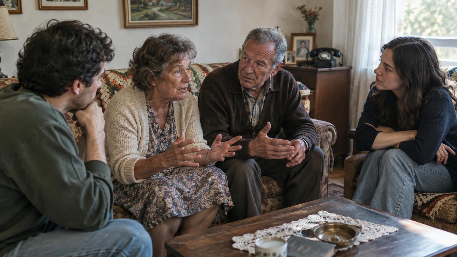 Un groupe d'enfants jouant dehors sans supervision adulte, résolvant des conflits et des défis entre eux, représentant l'autonomie et l'apprentissage direct des générations des années 1960 et 1970.