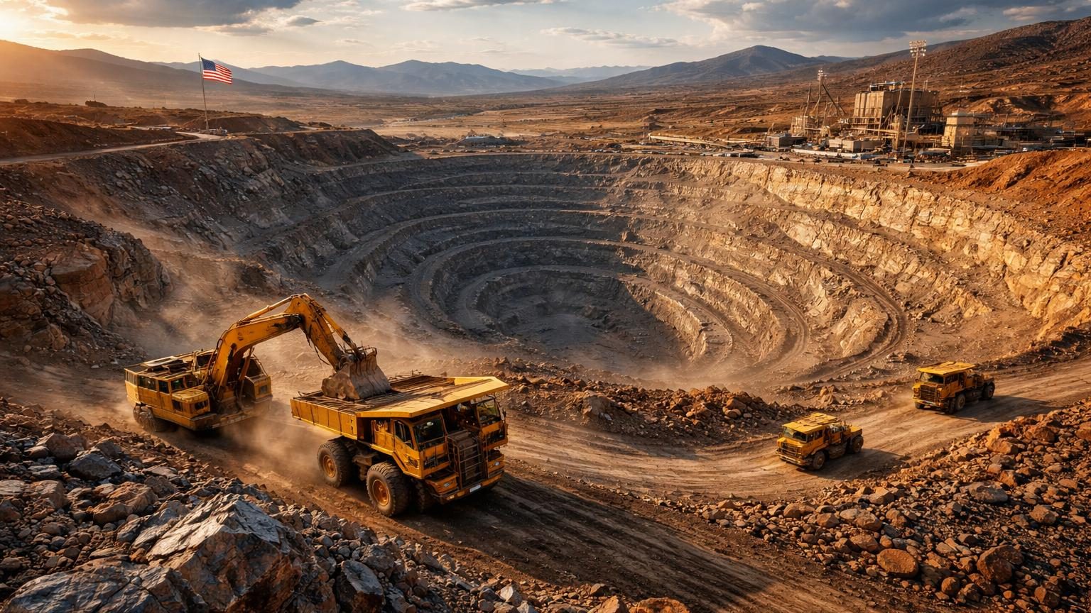 Vue aérienne d'un site minier avec d'importants travaux d'excavation et des équipements industriels, symbolisant l'exploitation d'un gisement de tungstène stratégique.
