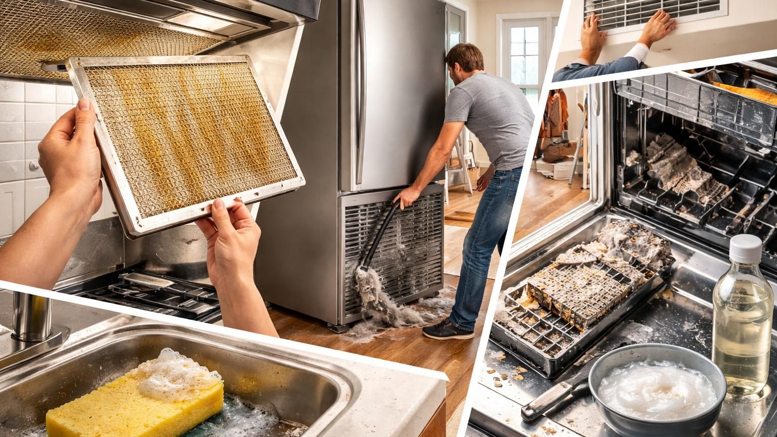 Vue en détail des zones essentielles à nettoyer: filtres de climatisation encrassés, bobines poussiéreuses du réfrigérateur, filtre gras de hotte de cuisine, filtre du lave-vaisselle et canalisation obstruée.