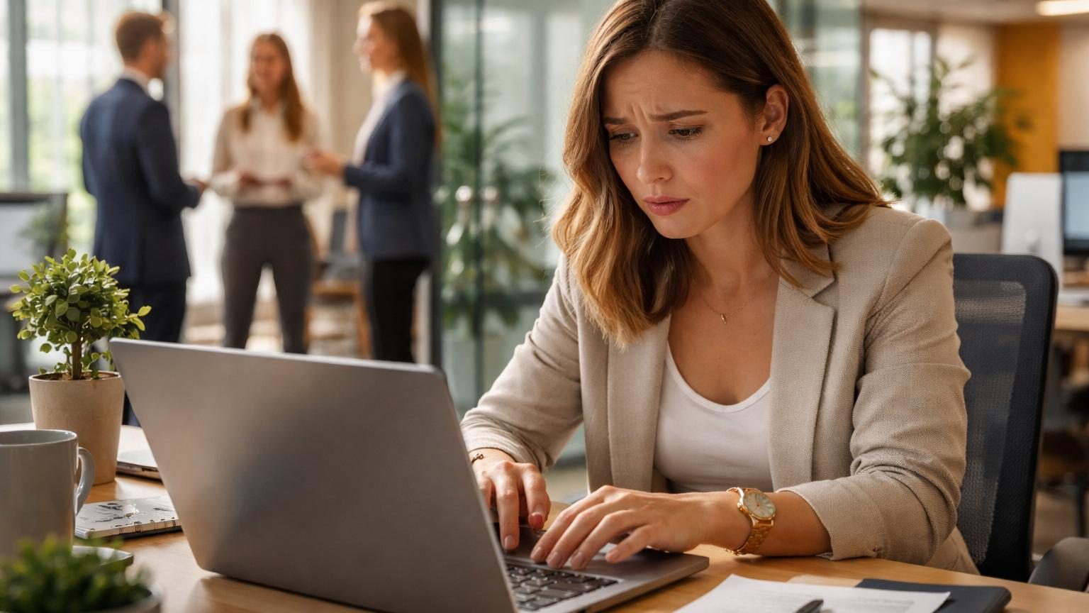Gros plan sur les mains d'une personne tapant un message sur un ordinateur portable au bureau, avec des phrases affaiblies en surimpression (« je ne veux pas te déranger », « désolé »).