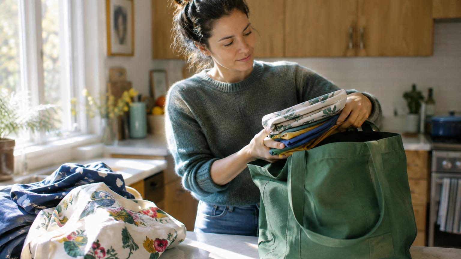 Gros plan sur des sacs réutilisables multicolores emboîtés les uns dans les autres, rangés de façon organisée dans un sac principal, symbolisant l'ordre et la réutilisation responsable.