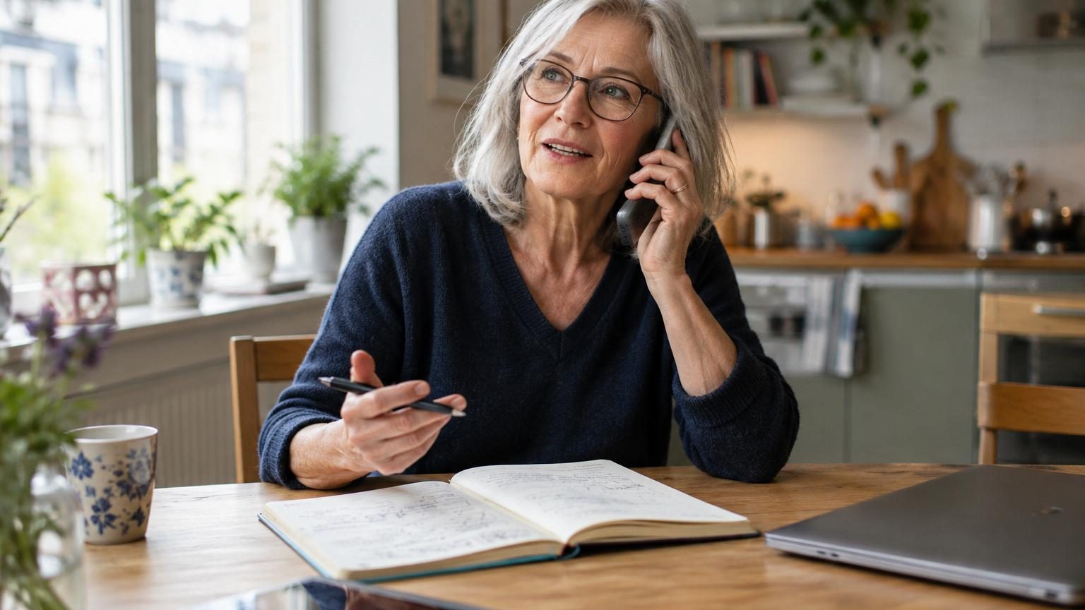 Personne âgée souriant en tenant un téléphone fixe rétro à son oreille, illustrant l'aisance des générations anciennes avec la communication vocale.