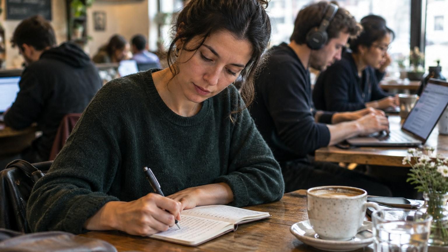 Une femme écrit dans un petit carnet avec un stylo, assise parmi des personnes qui tapent rapidement sur des claviers d'ordinateurs, illustrant le contraste entre l'écriture manuscrite lente et le travail numérique rapide.