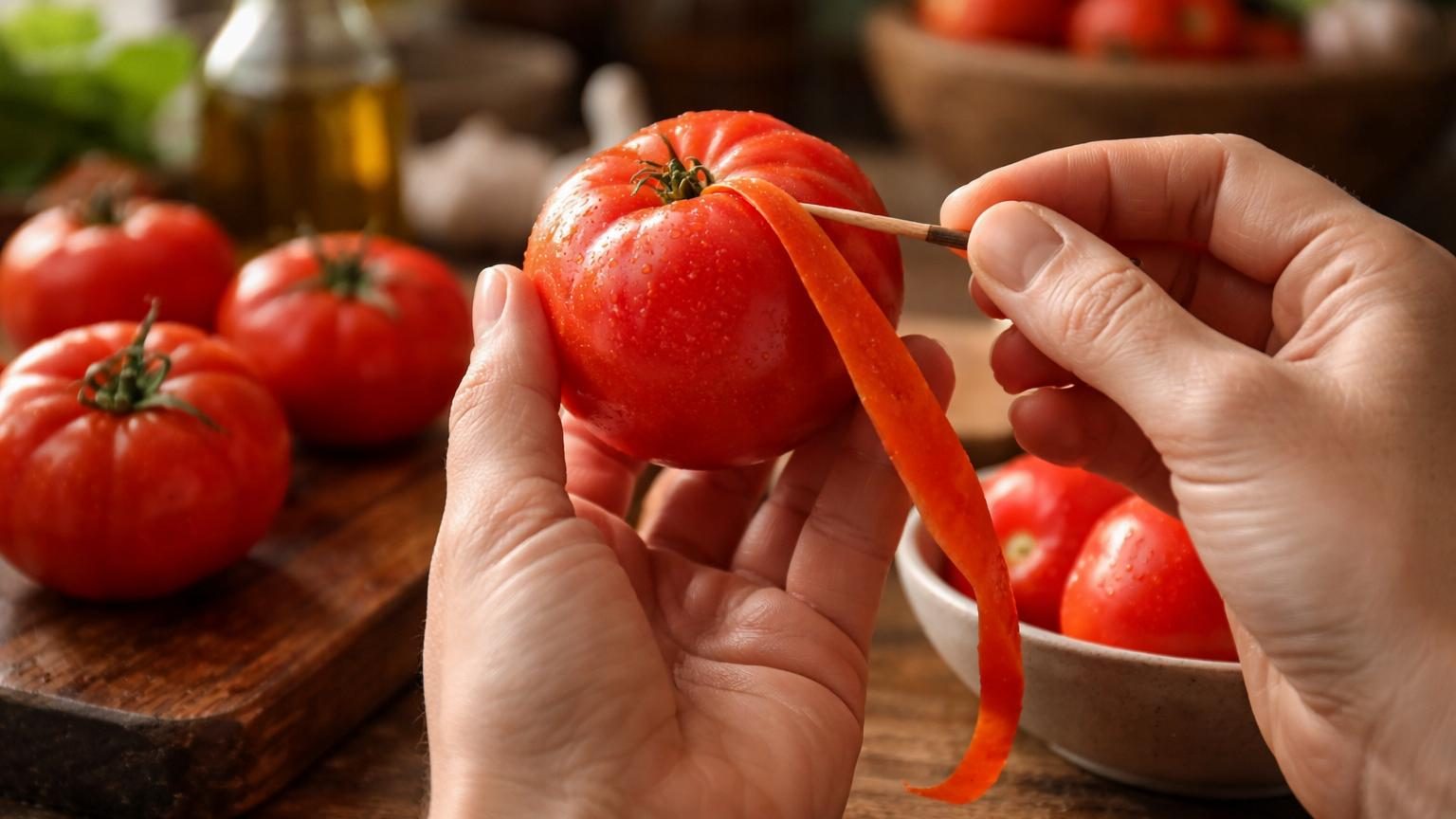 Gros plan sur une tomate rouge mûre dans une main, frottée délicatement avec un cure-dent en bois