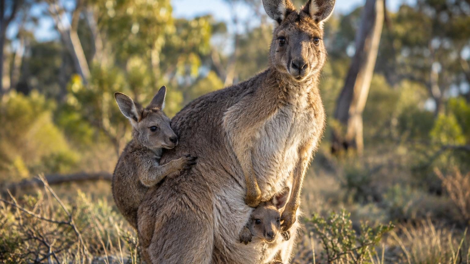 Une femelle kangourou en profil avec un joey (petit kangourou) dans sa poche marsupiale, illustration montrant l'anatomie reproductive unique du marsupial australien