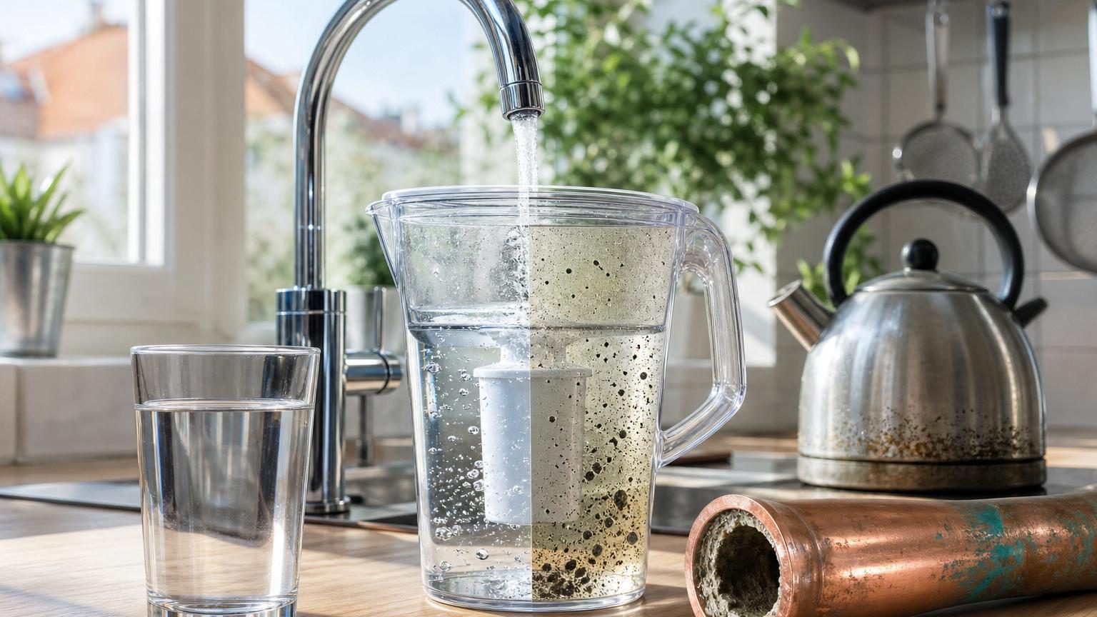 Gros plan sur une carafe filtrante à eau versant un liquide clair dans un verre, symbolisant les différentes méthodes de filtration domestique.