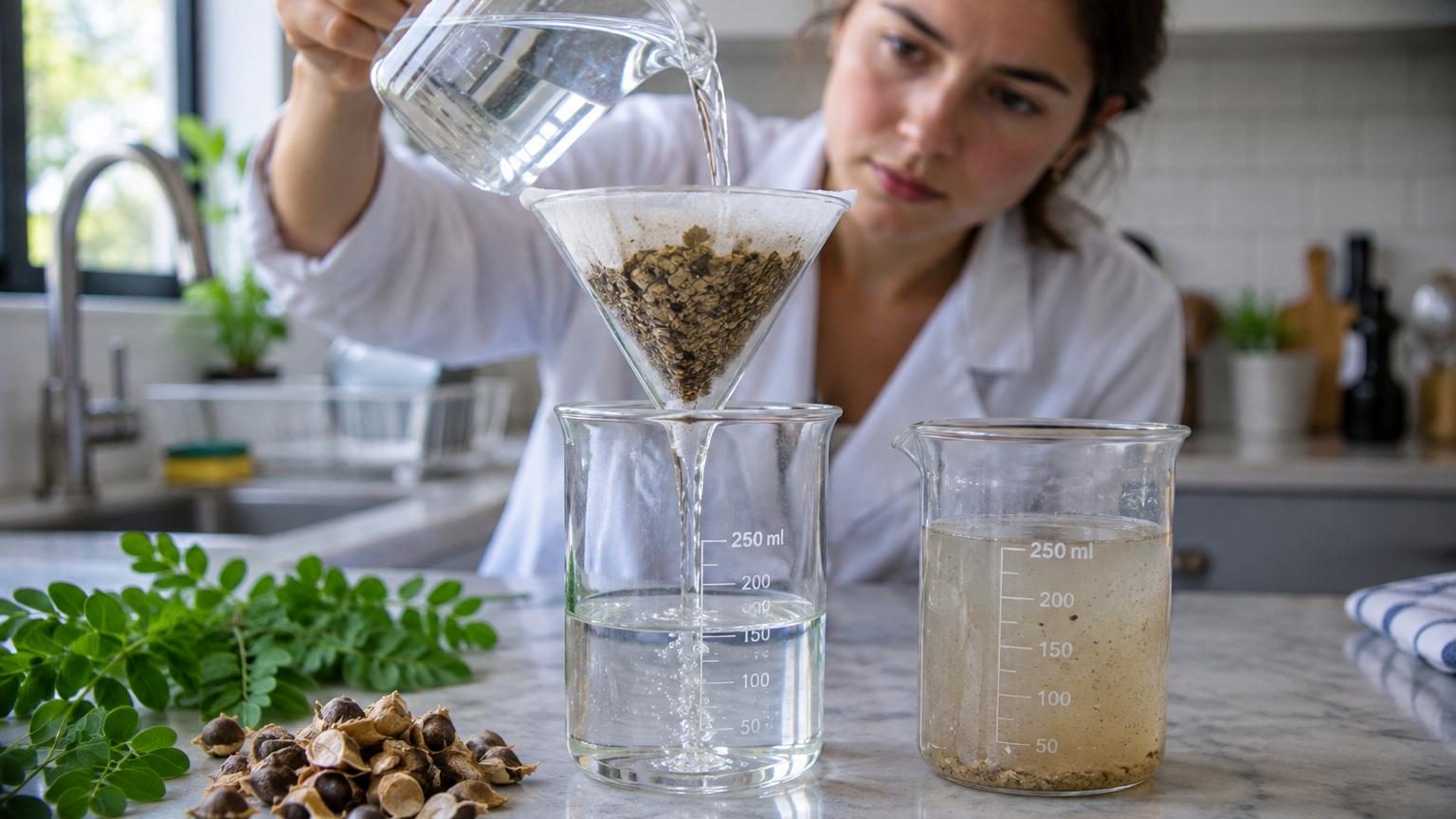 Graine de moringa en gros plan, montrant sa texture, avec en arrière-plan des feuilles vertes et une goutte d'eau claire symbolisant la purification de l'eau potable.
