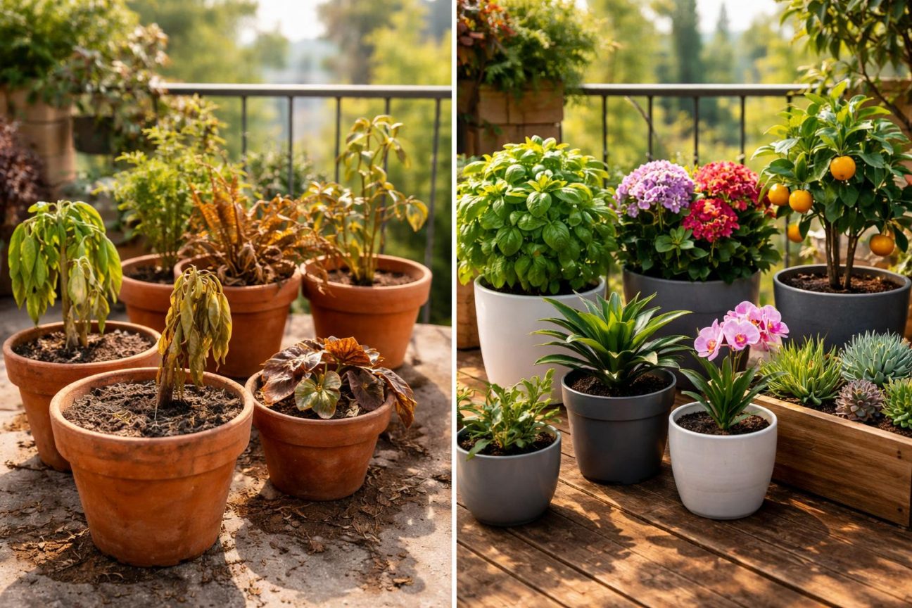 Huit pots de différentes matières (terre cuite, plastique, céramique, résine) alignés côte à côte, avec différentes plantes d'intérieur dedans : fougère, orchidée, basilic, hortensia, calathéa, bégonia, cactus et agrume.