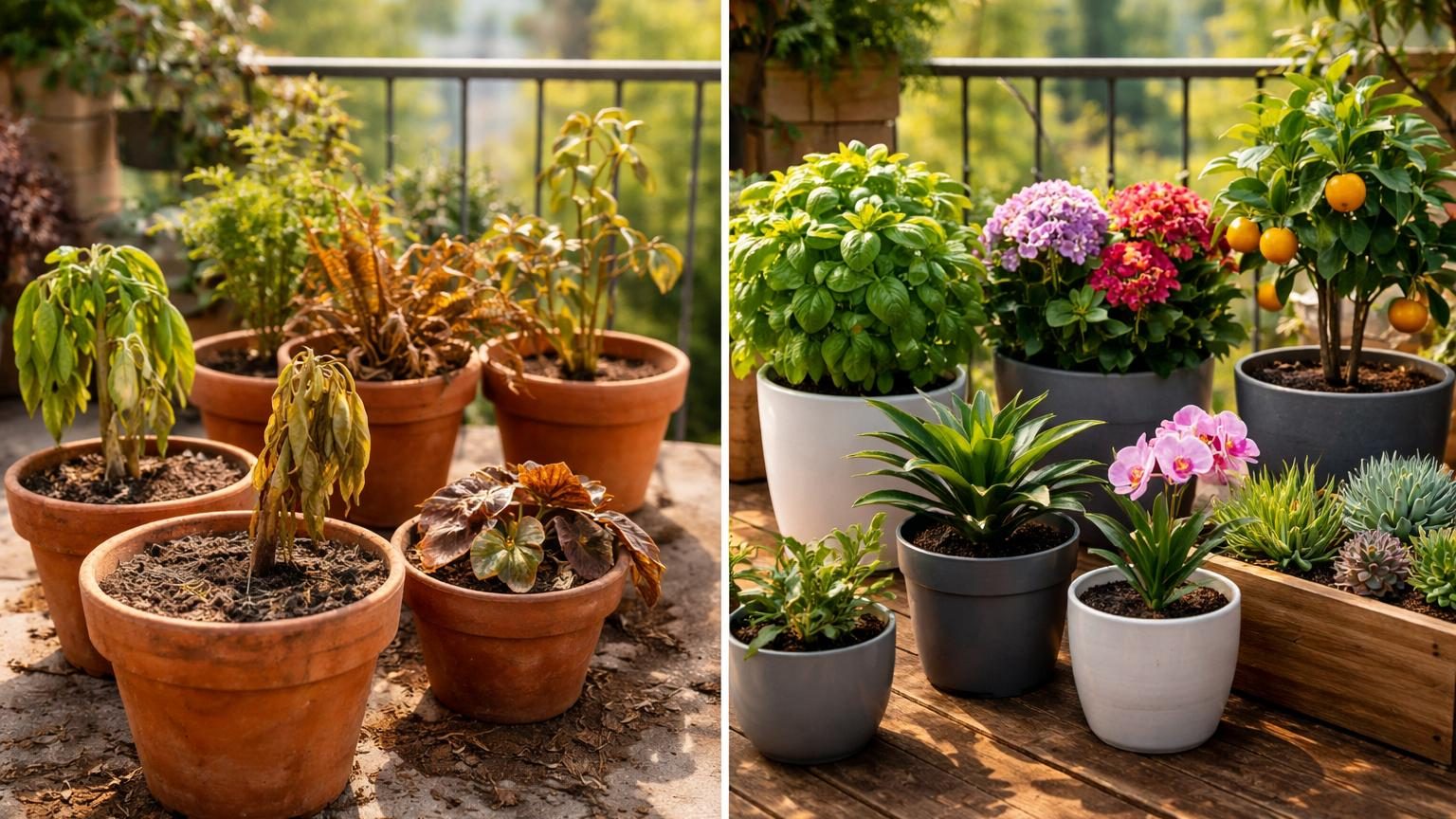 Huit pots de différentes matières (terre cuite, plastique, céramique, résine) alignés côte à côte, avec différentes plantes d'intérieur dedans : fougère, orchidée, basilic, hortensia, calathéa, bégonia, cactus et agrume.