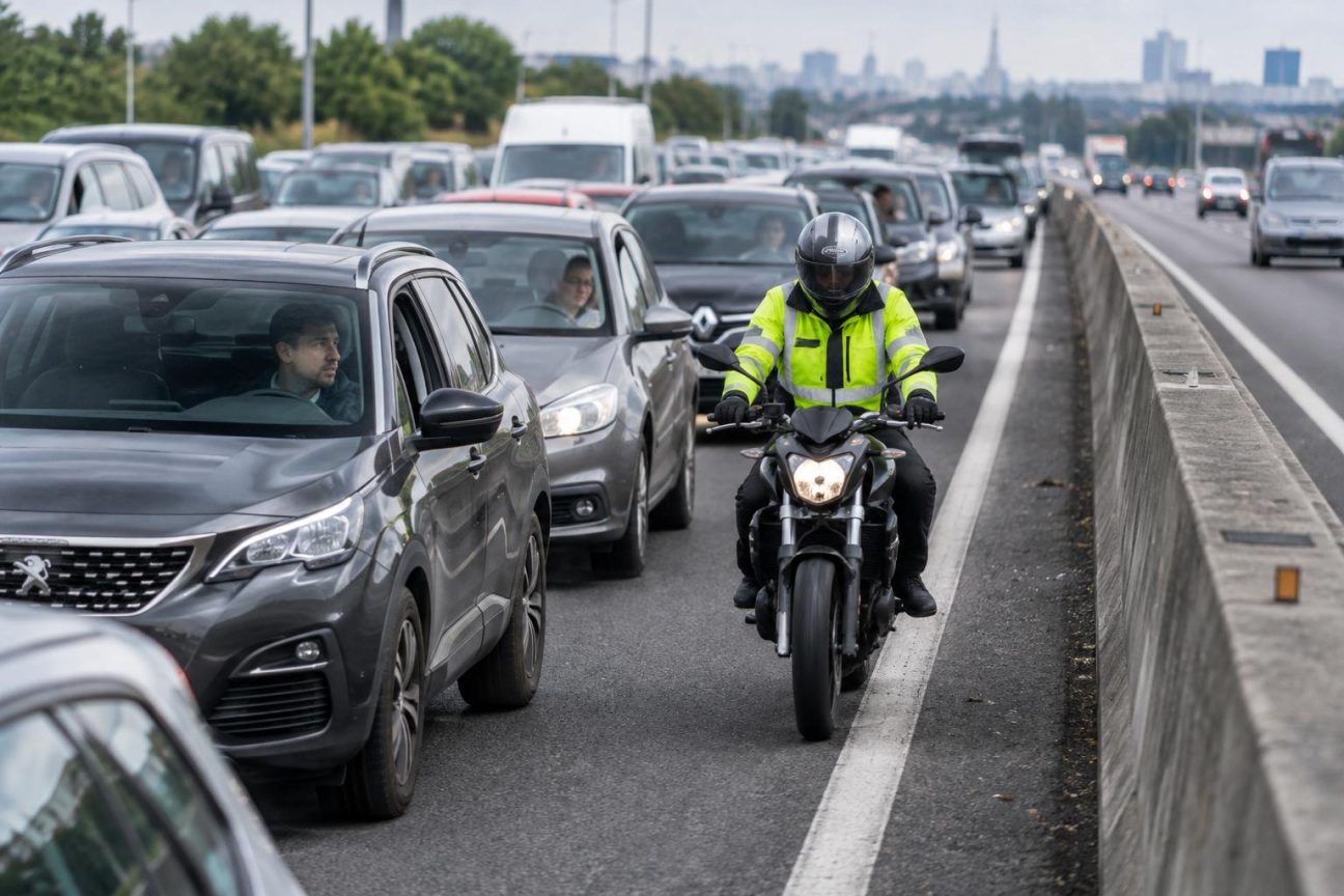 Motocycliste en circulation dense, démonstration du respect des règles de vitesse et de file indienne sur la bande d'arrêt d'urgence en Espagne.