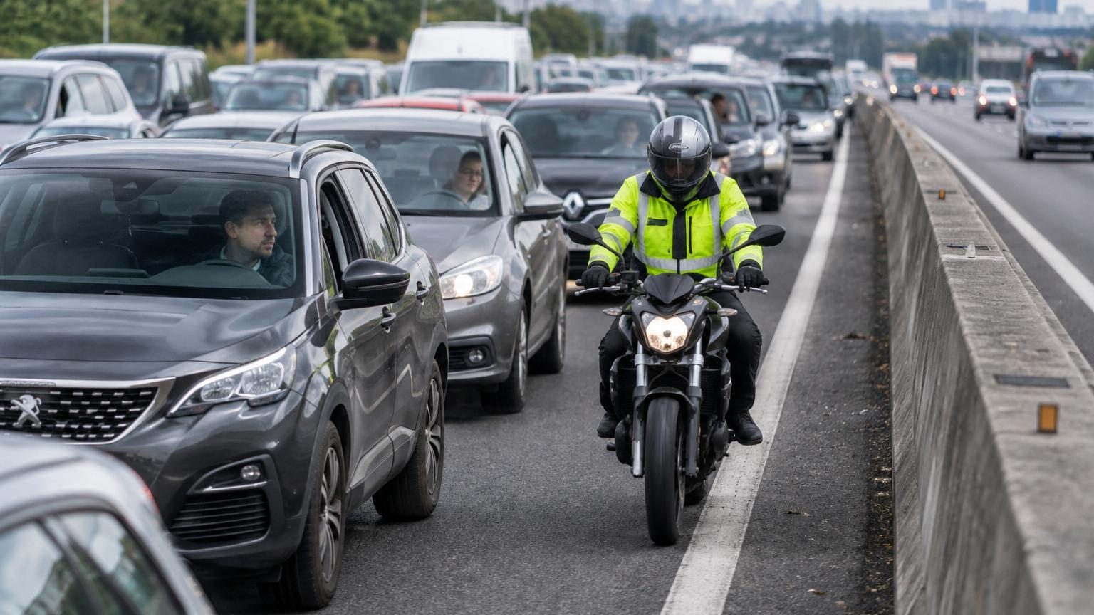 Motocycliste en circulation dense, démonstration du respect des règles de vitesse et de file indienne sur la bande d'arrêt d'urgence en Espagne.