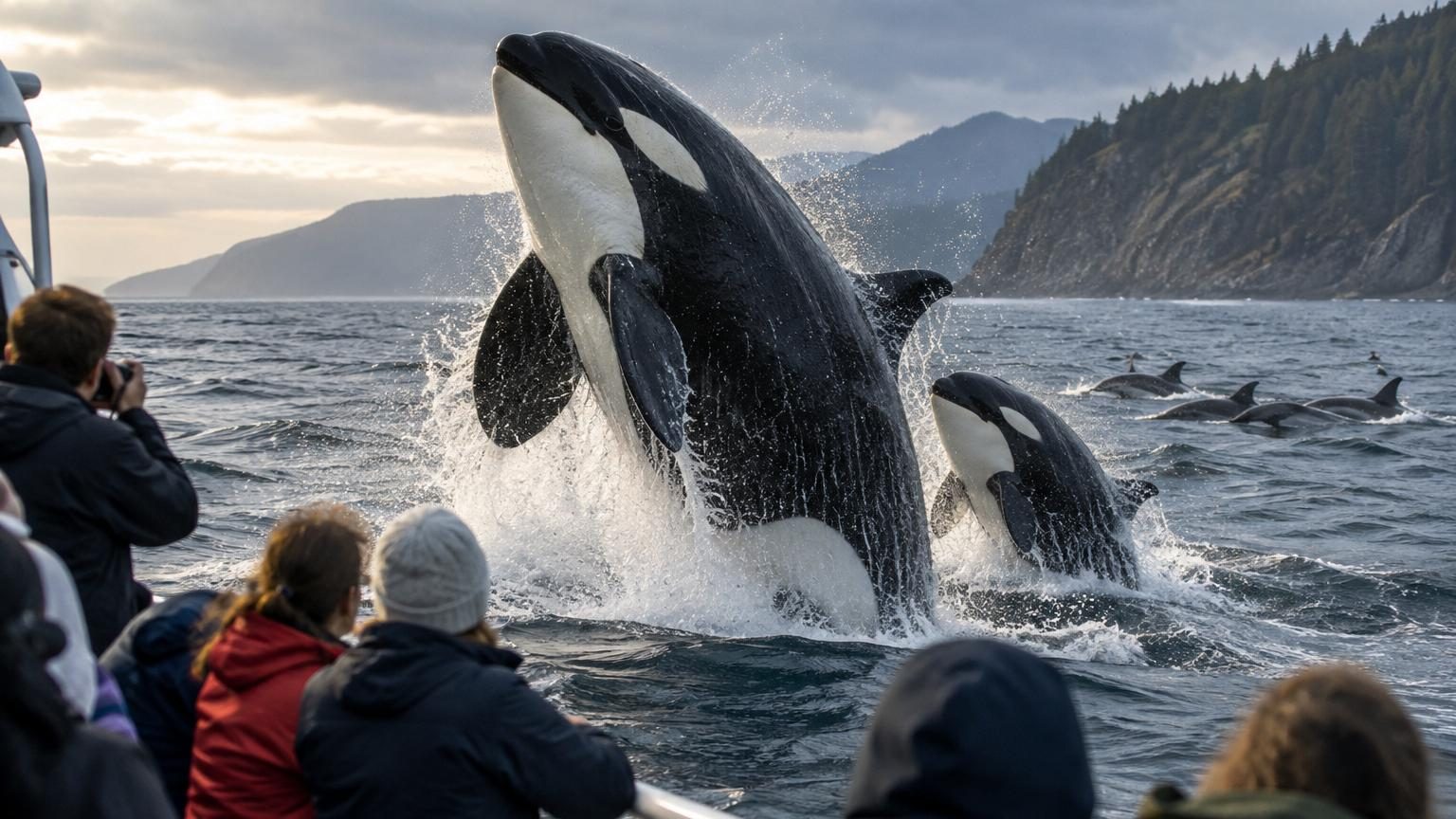 Une orque noire et blanche massive nage en surface à côté d'un petit orqueau, tandis que des dauphins apparaissent au loin, symbolisant leur adaptabilité parfaite à la vie marine.