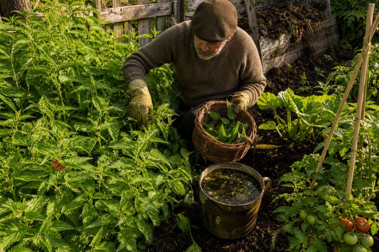 Une touffe d'orties vertes au printemps au fond d'un jardin, avec des feuilles tendres et vibrantes près d'un grillage et de végétation naturelle.