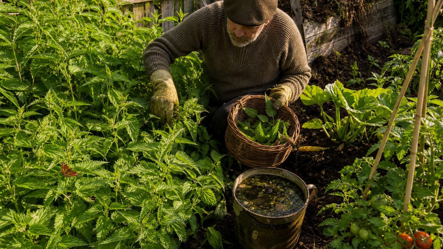 Une touffe d'orties vertes au printemps au fond d'un jardin, avec des feuilles tendres et vibrantes près d'un grillage et de végétation naturelle.
