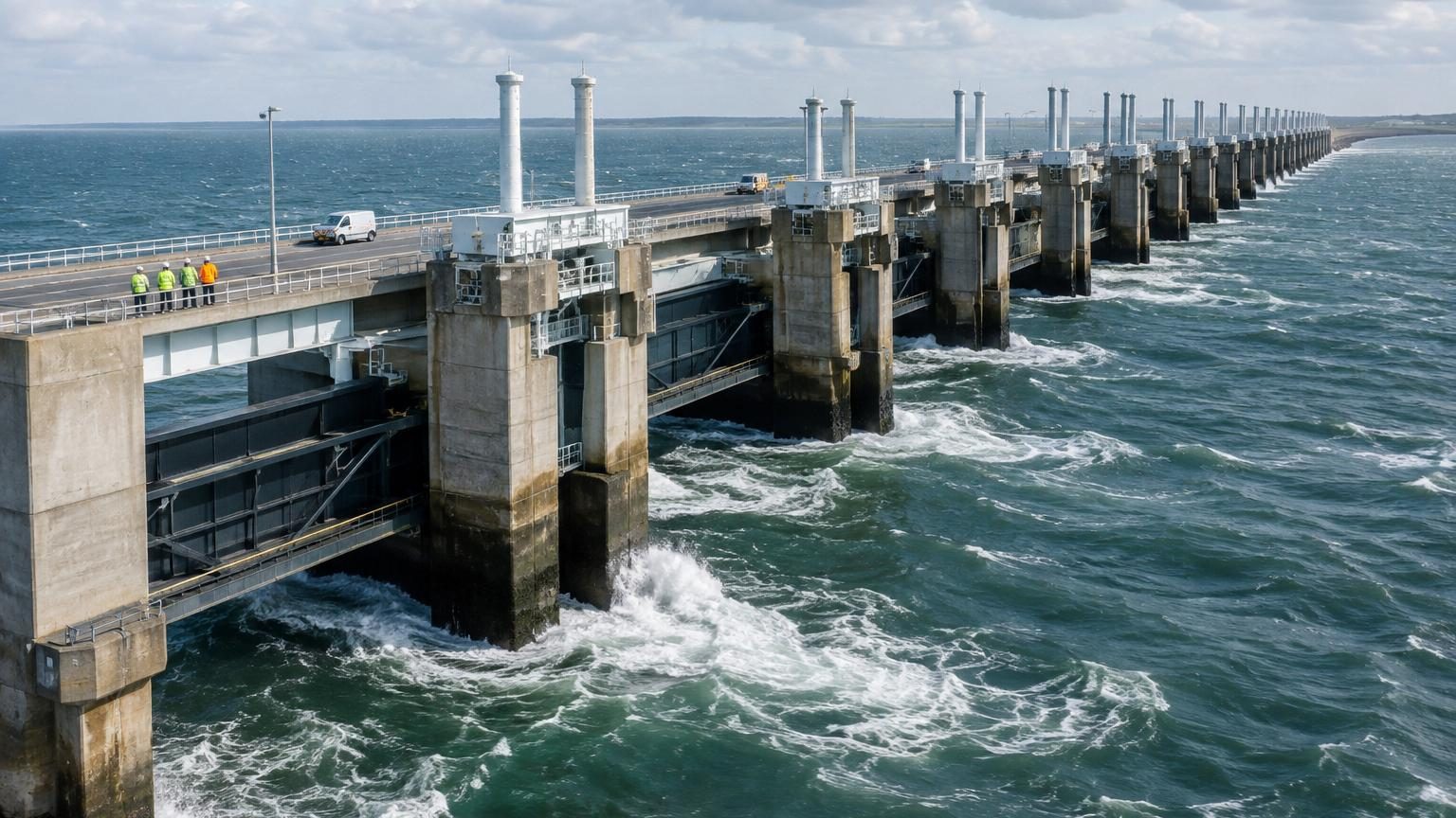 Vue aérienne d'un long barrage de béton blanc traversant la mer du Nord, avec 62 portes géantes ouvertes encadrant une autoroute. Eau calme et grise d'un côté, tempête de l'autre.