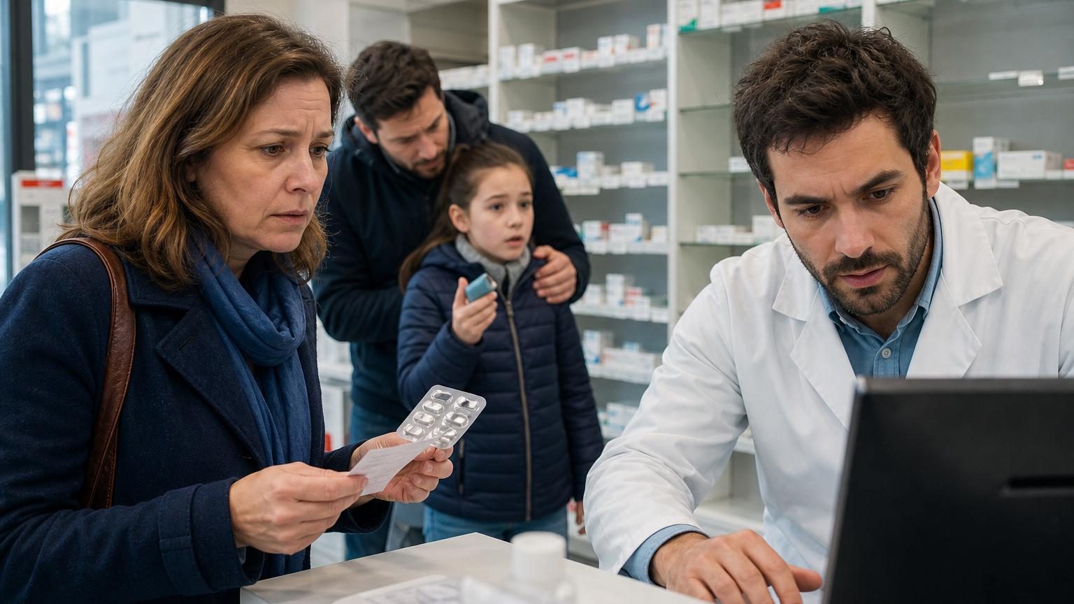 Une femme regarde son ordonnance avec inquiétude tandis qu'un pharmacien cherche une solution à l'écran derrière son comptoir, illustrant les difficultés d'accès aux médicaments ordinaires.