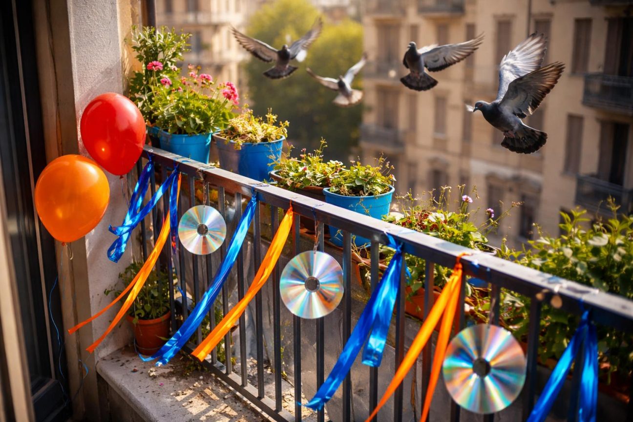 Un balcon urbain surpeuplé de pigeons posés sur une rambarde maculée de fientes