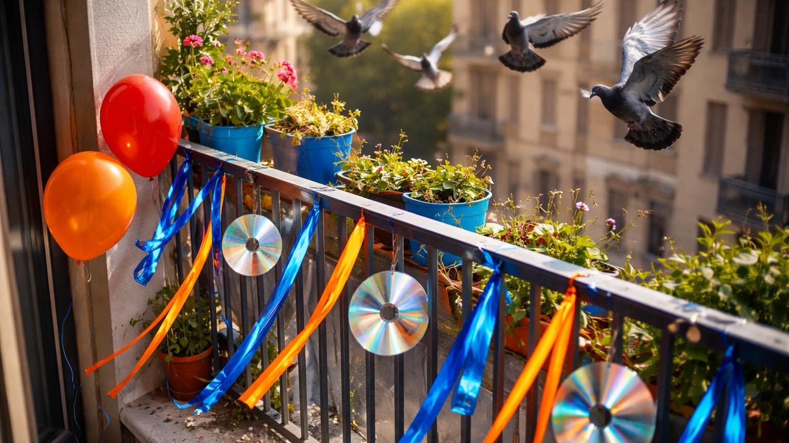 Un balcon urbain surpeuplé de pigeons posés sur une rambarde maculée de fientes