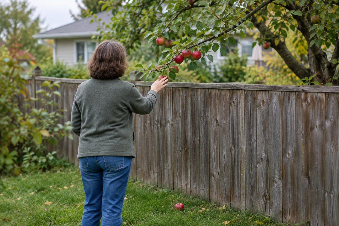Vue rapprochée de trois pommes rouges ronde surplombant une palissade en bois, une branche penchée vers le bas, symbole du dilemme de propriété entre deux jardins voisins.
