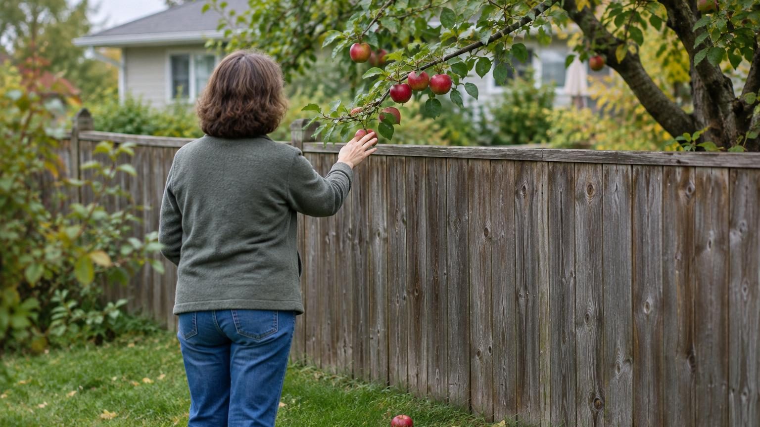 Vue rapprochée de trois pommes rouges ronde surplombant une palissade en bois, une branche penchée vers le bas, symbole du dilemme de propriété entre deux jardins voisins.