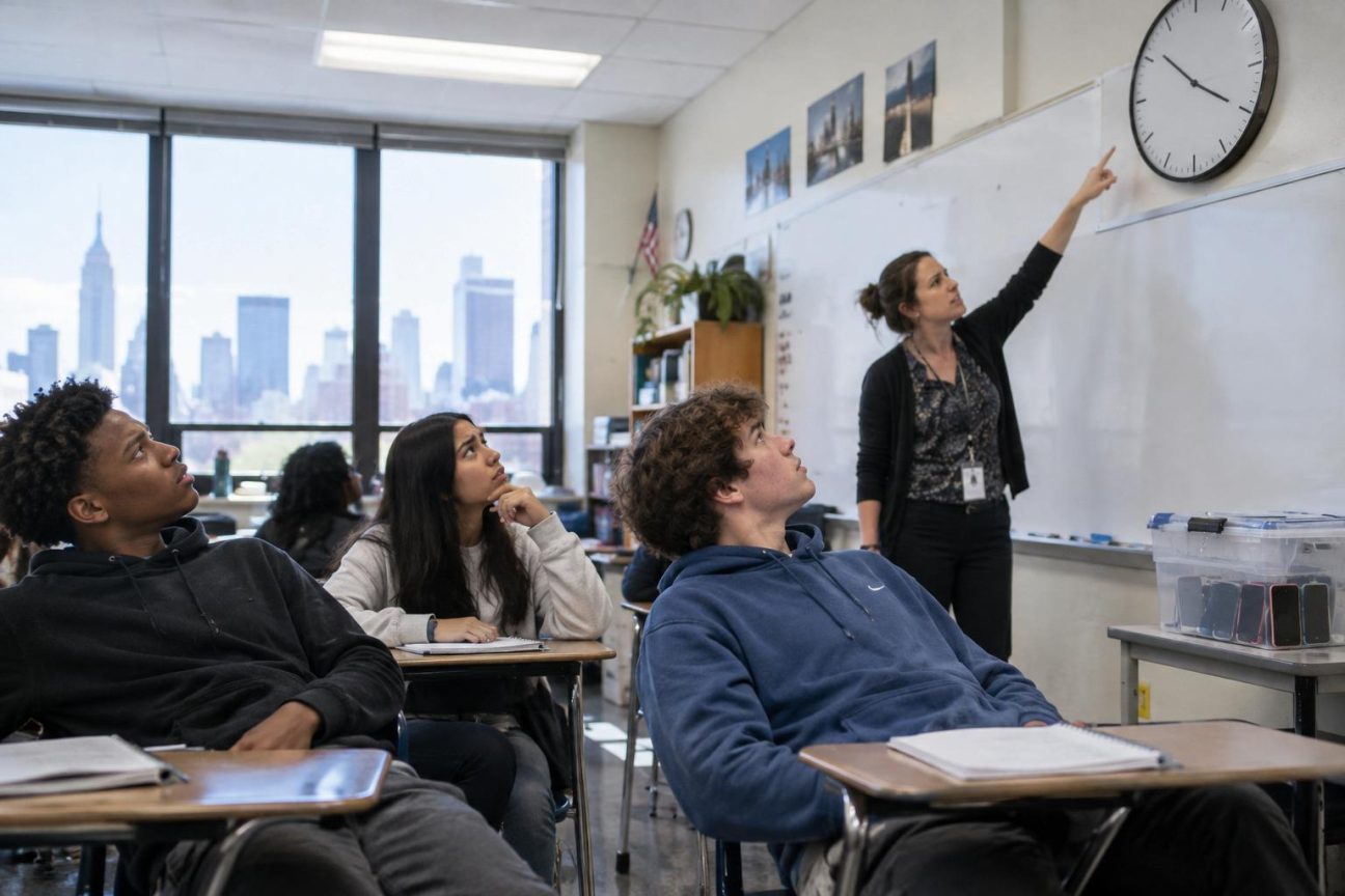 Élèves dans une salle de classe regardant une horloge murale à aiguilles, incapables de lire l'heure sans leur téléphone