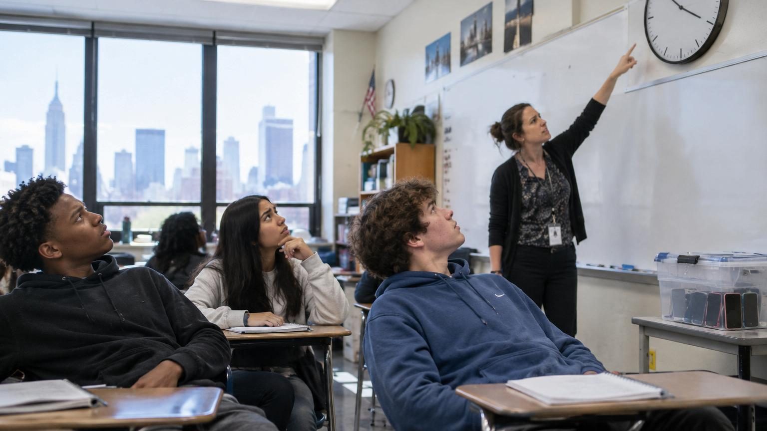 Élèves dans une salle de classe regardant une horloge murale à aiguilles, incapables de lire l'heure sans leur téléphone