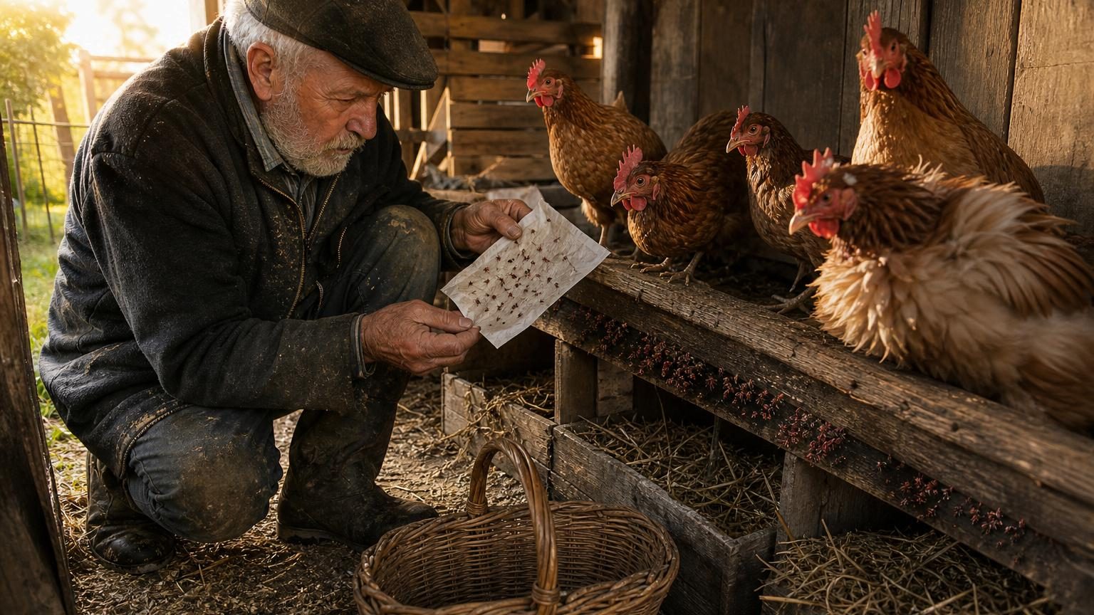 Poulailler en bois avec cinq poules de races variées, dont une Sussex, inspectées par un éleveur cherchant la source d'une baisse soudaine de ponte