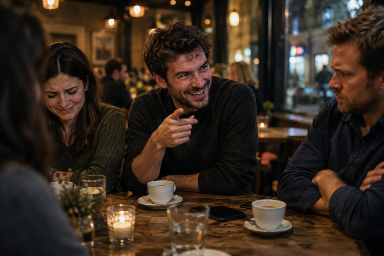 Un groupe de personnes riant ensemble autour d'une table, représentant différentes expressions d'humour et d'interaction sociale