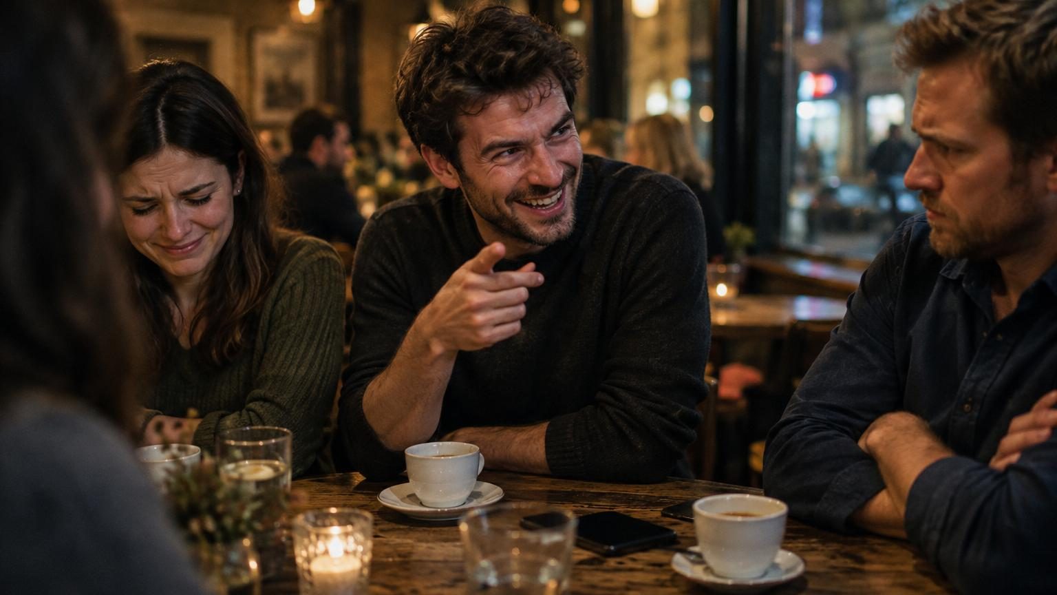 Un groupe de personnes riant ensemble autour d'une table, représentant différentes expressions d'humour et d'interaction sociale