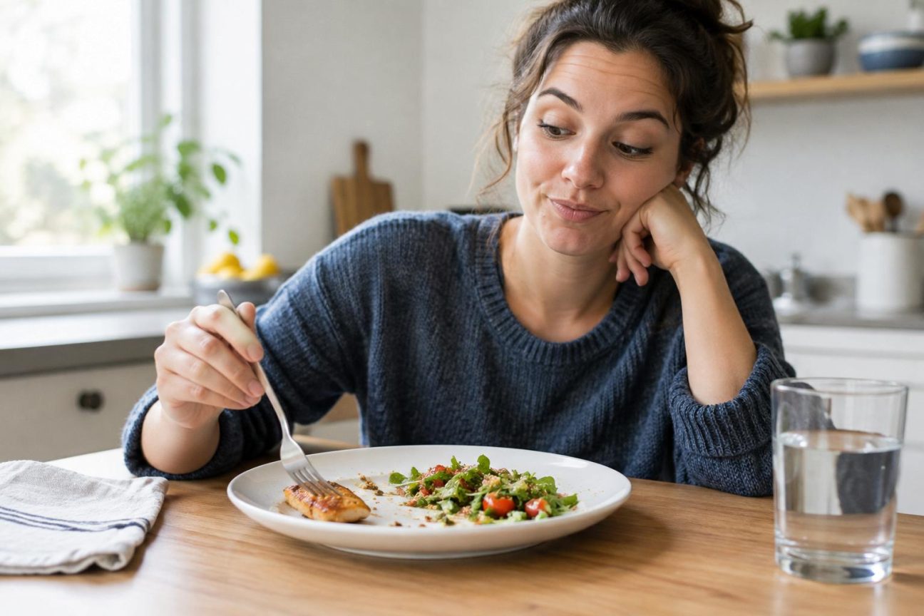 Enfant assis à une table devant une assiette avec des aliments, contemplant un dernier morceau appétissant tout en ayant terminé le reste du repas
