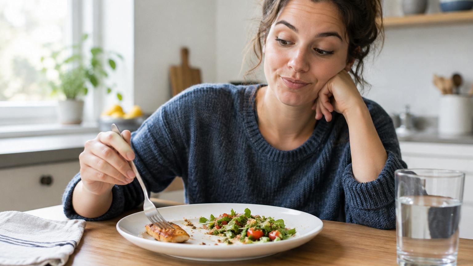 Enfant assis à une table devant une assiette avec des aliments, contemplant un dernier morceau appétissant tout en ayant terminé le reste du repas