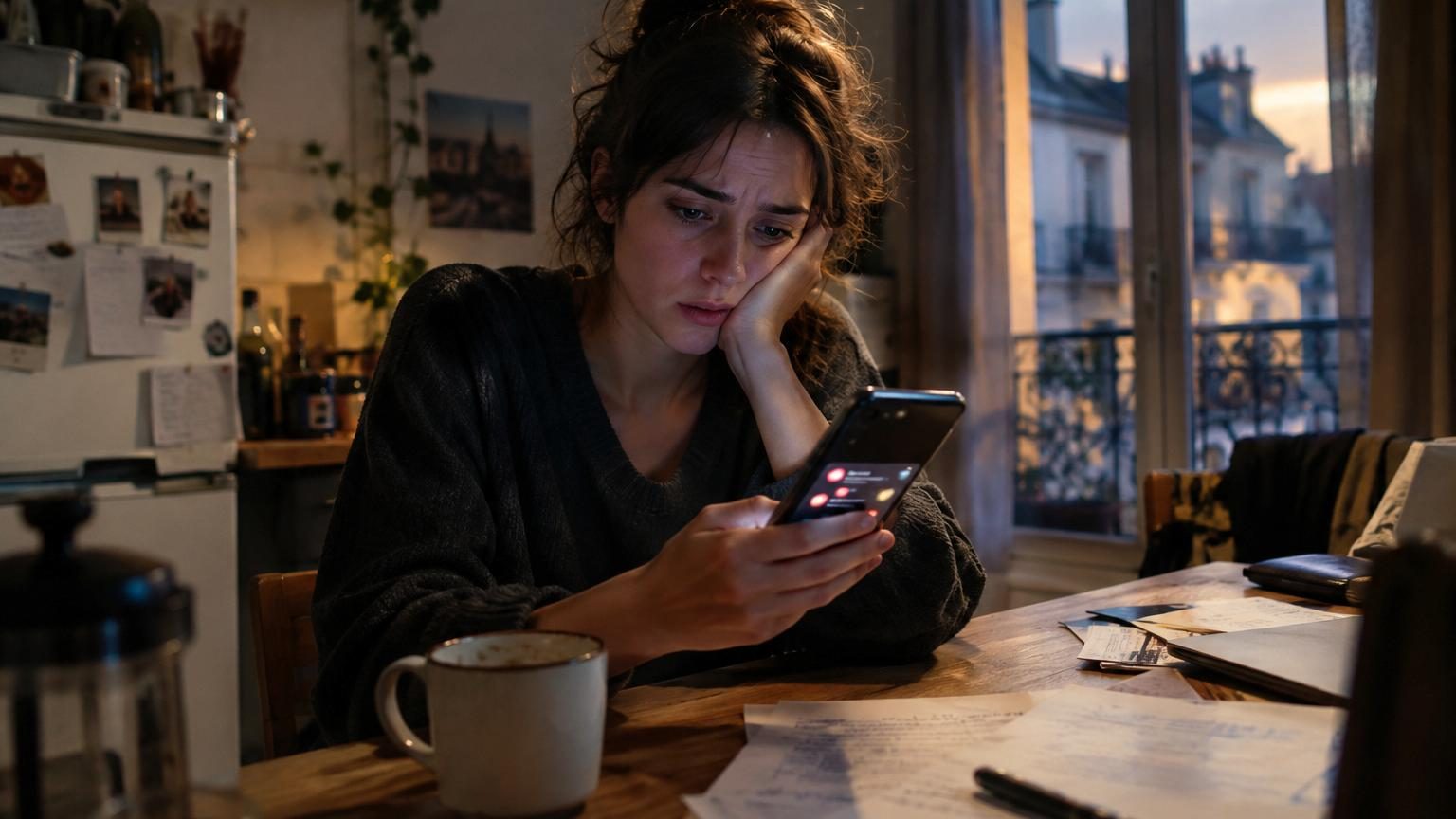 Personne regardant son téléphone avec des bulles de messages colorées autour, exprimant l'effort intérieur de gérer une communication émotionnelle
