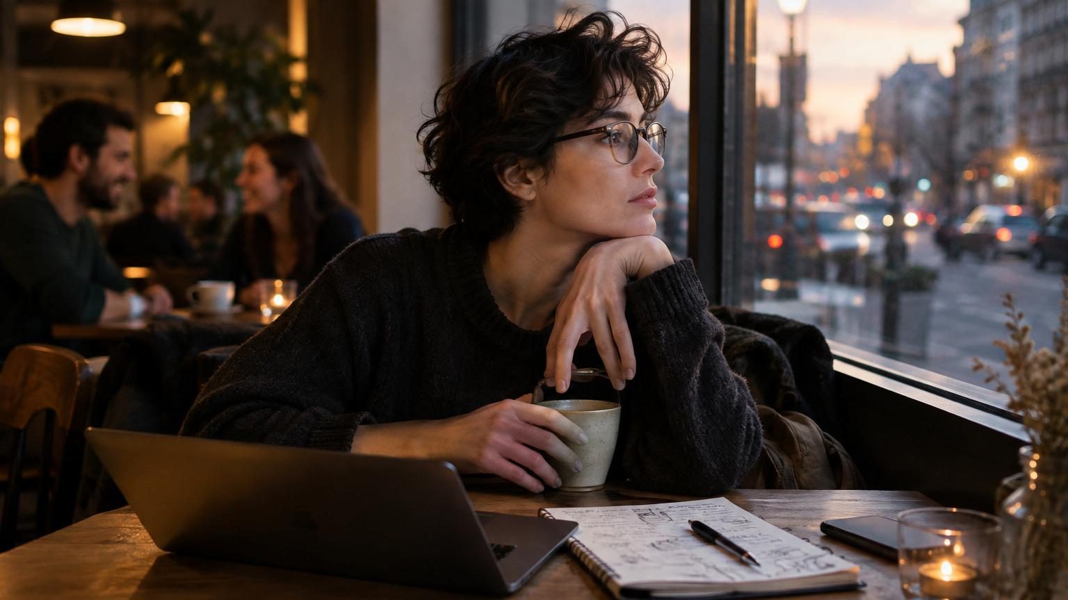 Silhouette d'une personne pensive devant un puzzle ou des symboles mathématiques et cœurs entrelacés, illustrant la tension entre l'intellect et l'émotion amoureuse.